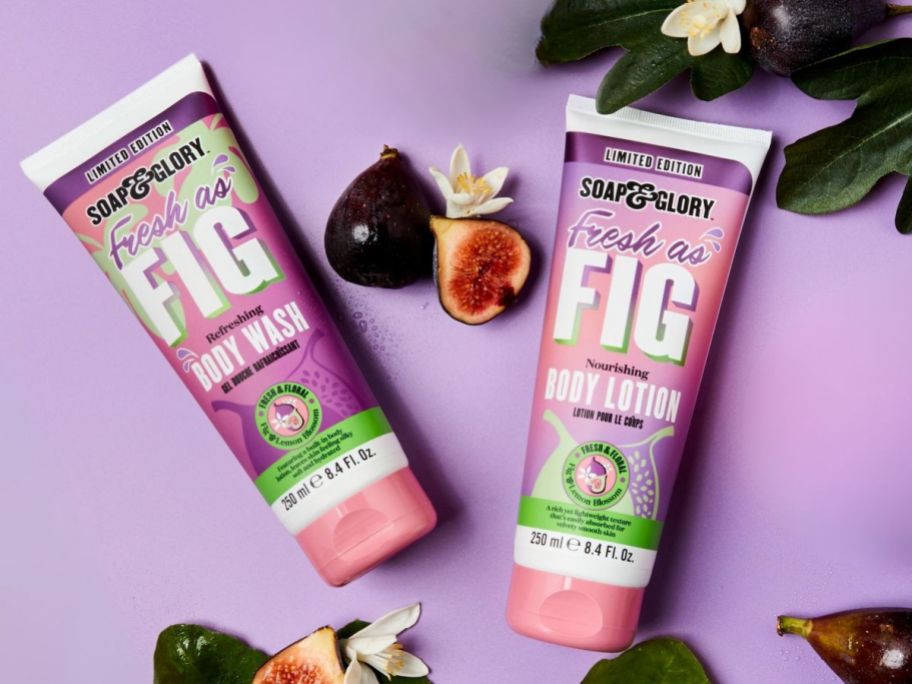 soap & glory fresh as fig body wash and lotion surrounded by figs and leaves
