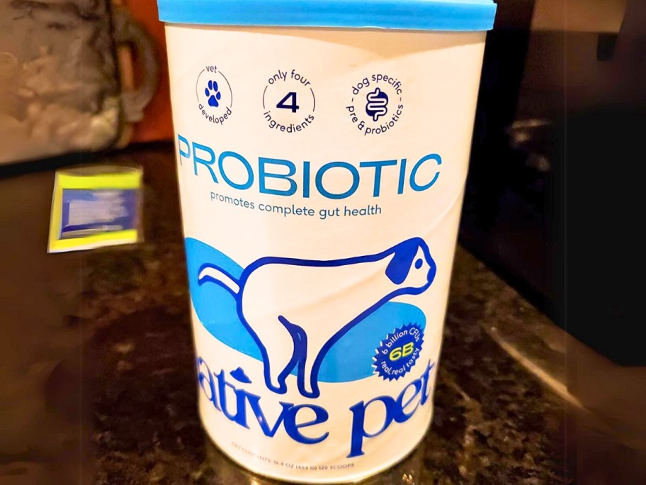 can of Native Pet Probiotic Powder for Dogs on a counter