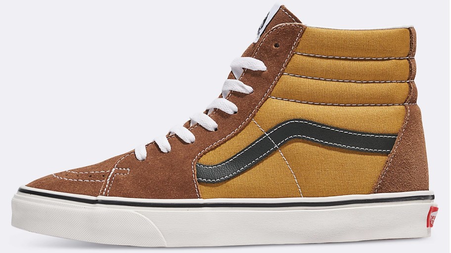 brown, mustard yellow, and black high top sneaker