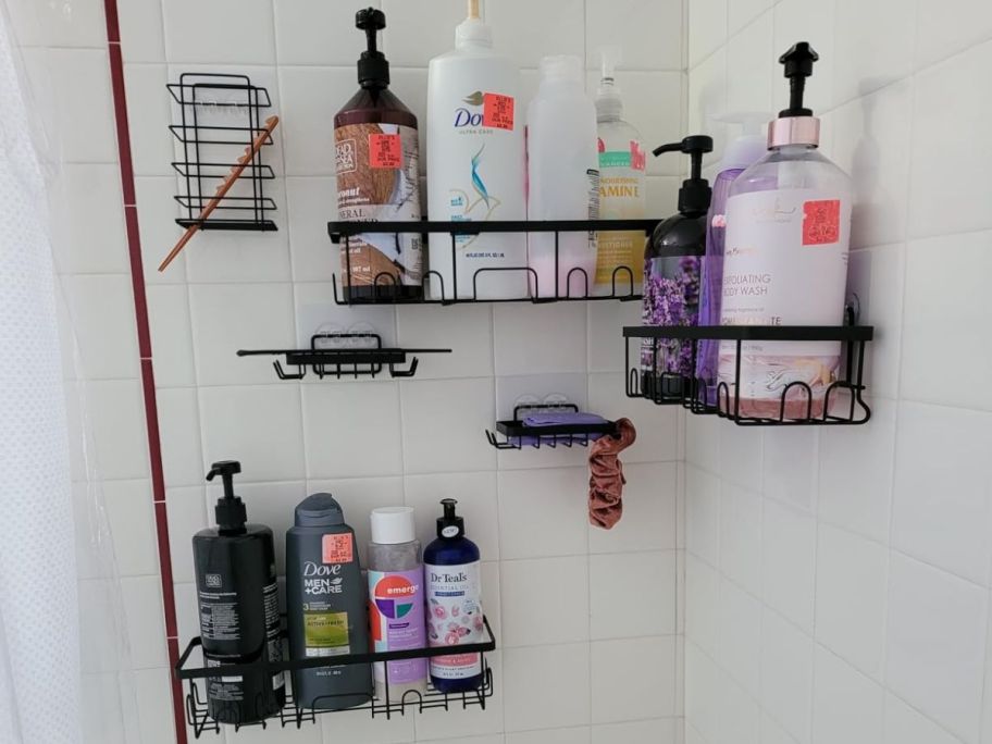 A shower with a 6-shelf Veken Shower Caddy