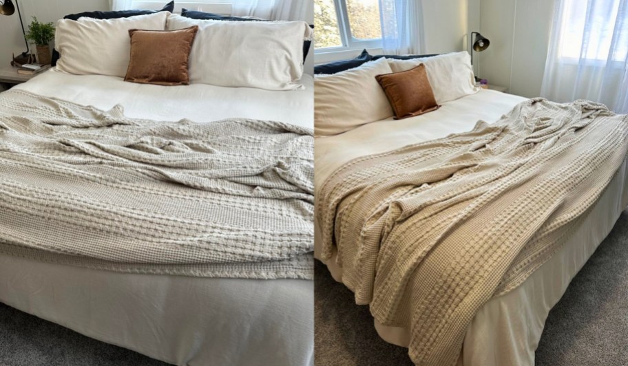 waffle weave throw blanket in cream on bed