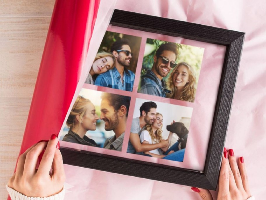 Person unwrapping Walgreens, floating frame with four different pictures inside