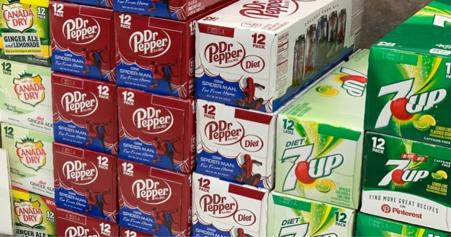 Cases of soda at Walgreebs including Dr. Pepper, 7-Up, and Canada Dry brands