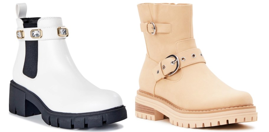 white boot with rhinestone details and tan boot with buckle details