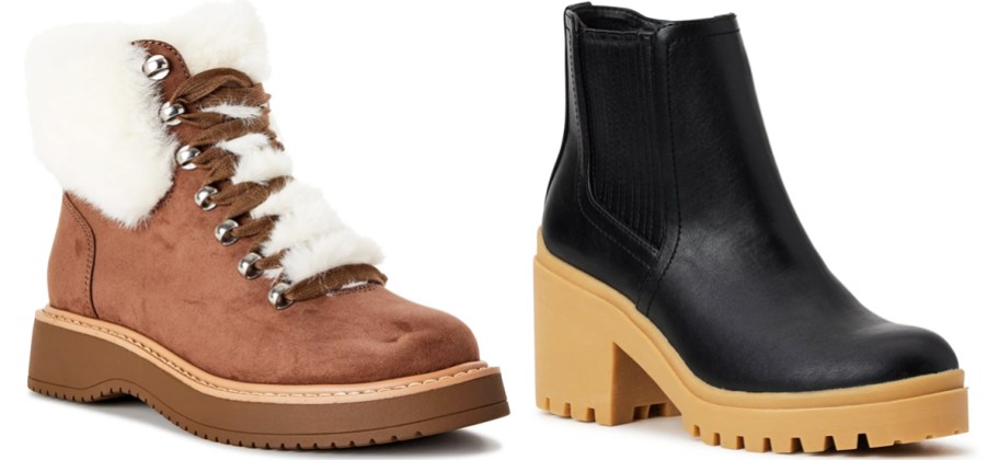 a brown faux fur lace up bootie and a black lug sole chelsea boot with beige sole
