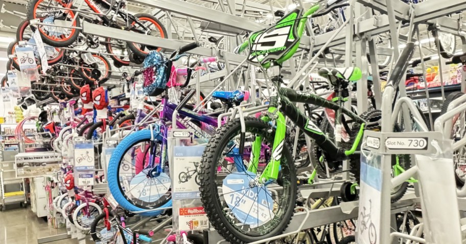 kids bikes on display in walmart store