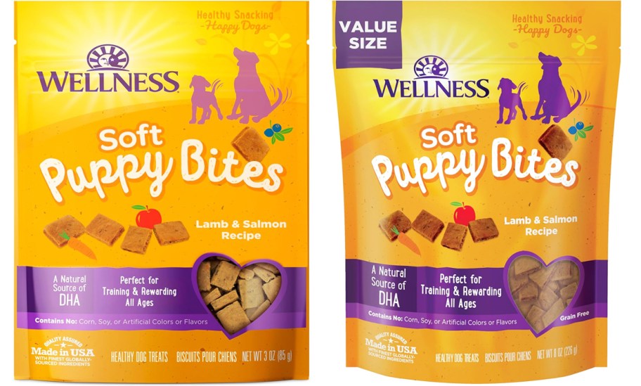 two yellow and purple bags of Wellness Lamb & Salmon Soft Puppy Bites Dog Treats