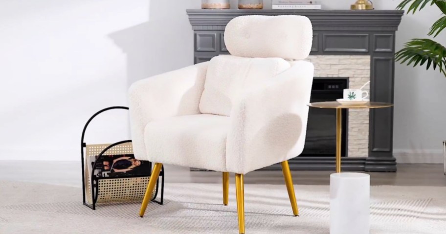 yaheetech boucle accent chair in white in front of mantel