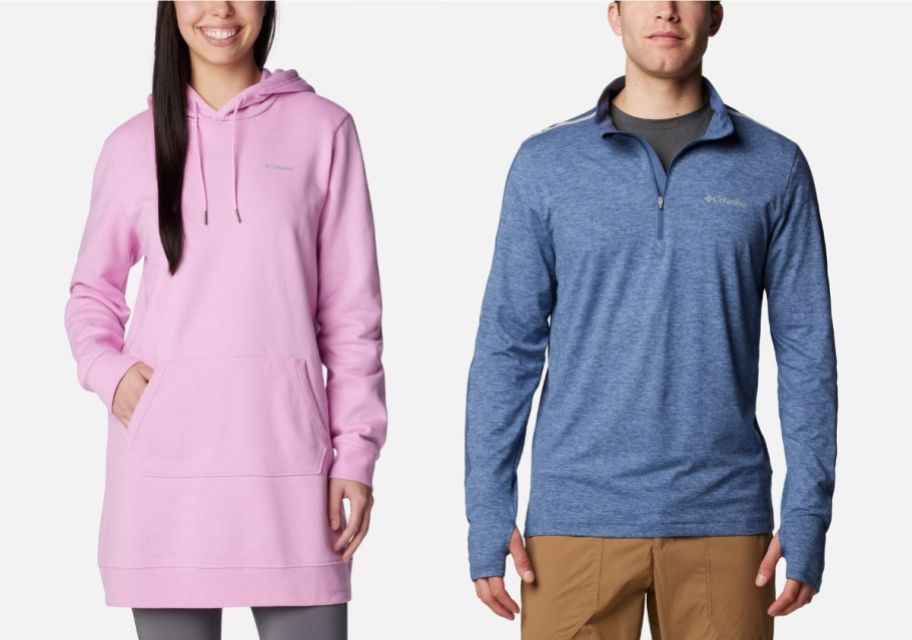 a female model wearing a long pink hooded sweat shirt and a male model wearing a blue quarter zip pullover