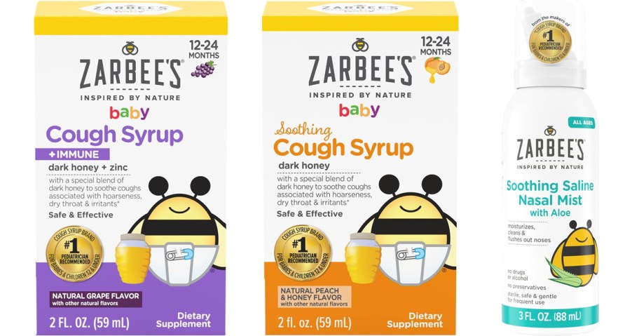 two boxes of Zarbee's cough syrups and bottle of nasal spray