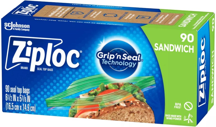 blue and green box of Ziploc Sandwich Bags