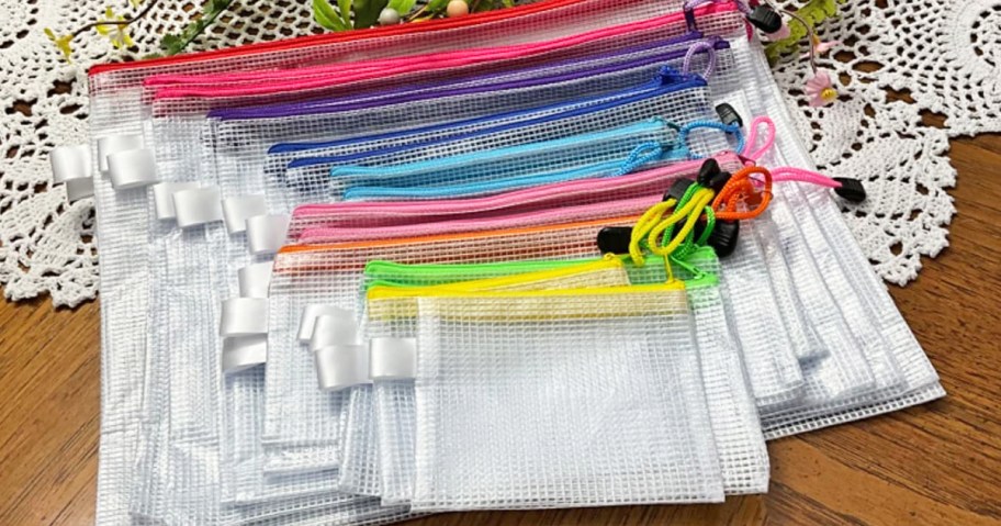 stack of zippered mesh bags on table
