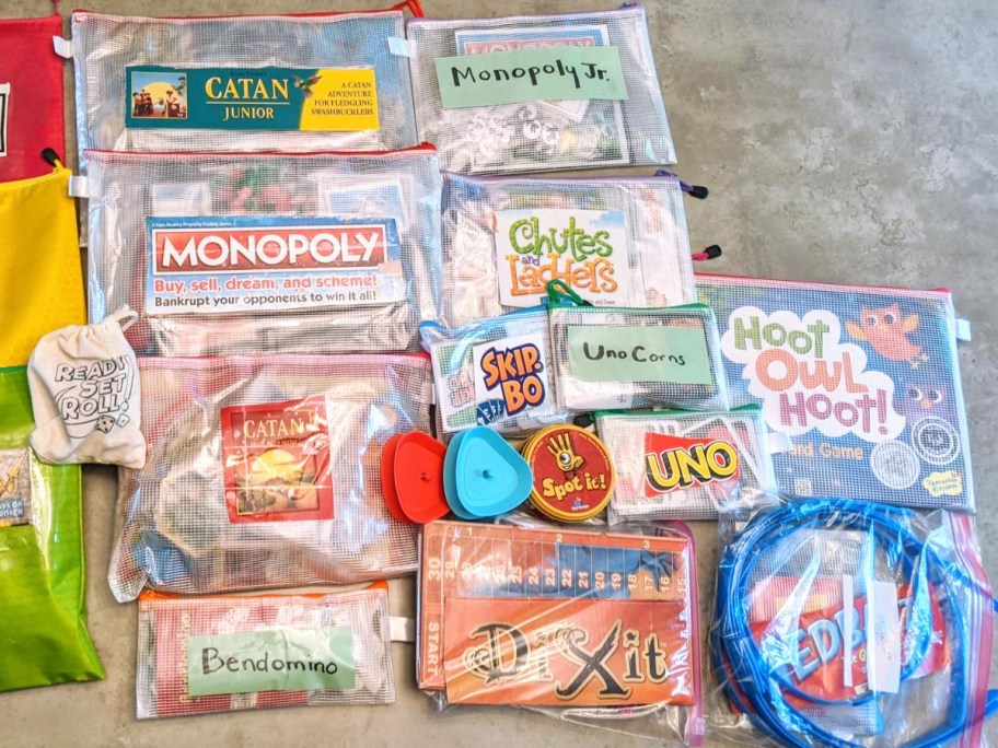 board games in zippered mesh bags