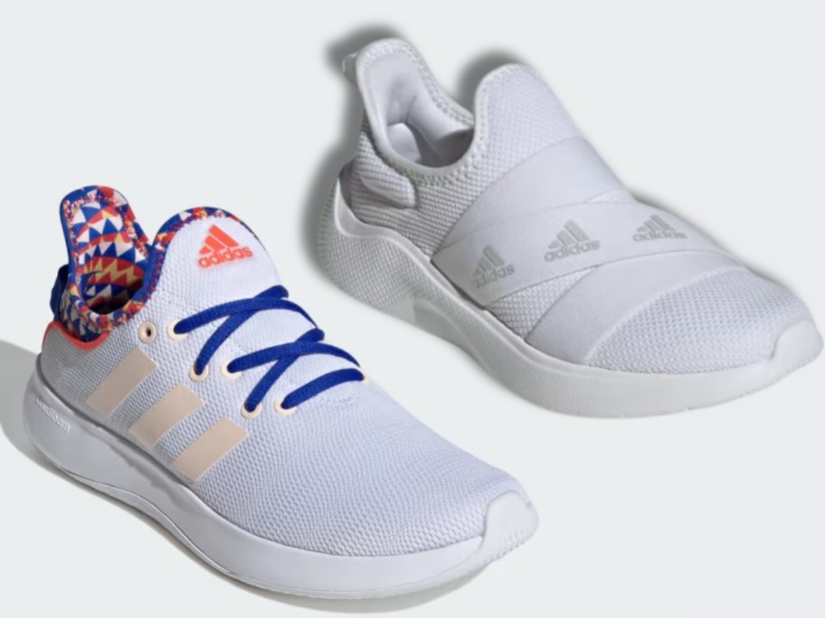 women's adidas shoes, 1 white with blue and pink, the other solid white