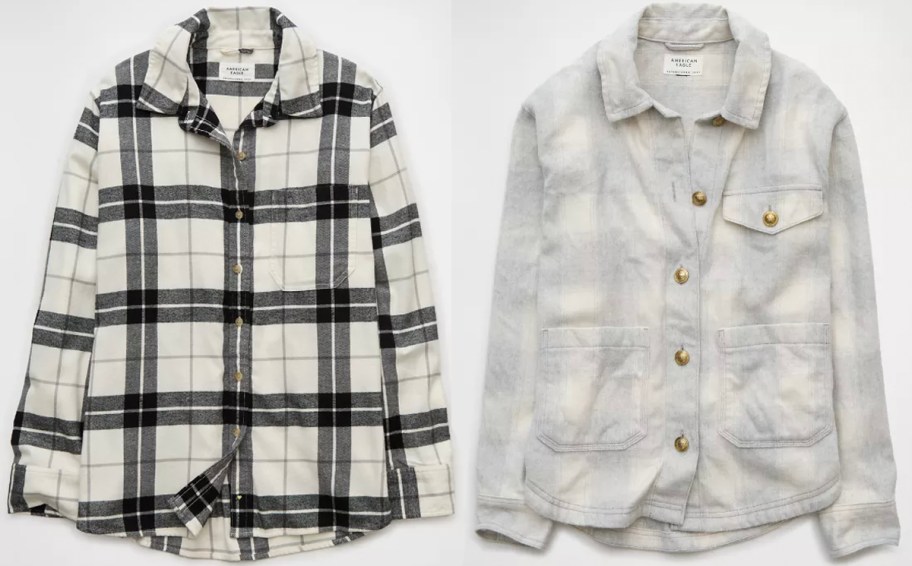 white and black plaid shirt and gray and white shacket