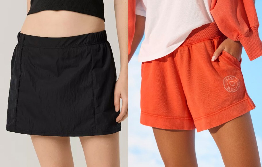 women wearing black and orange skirt and shorts 