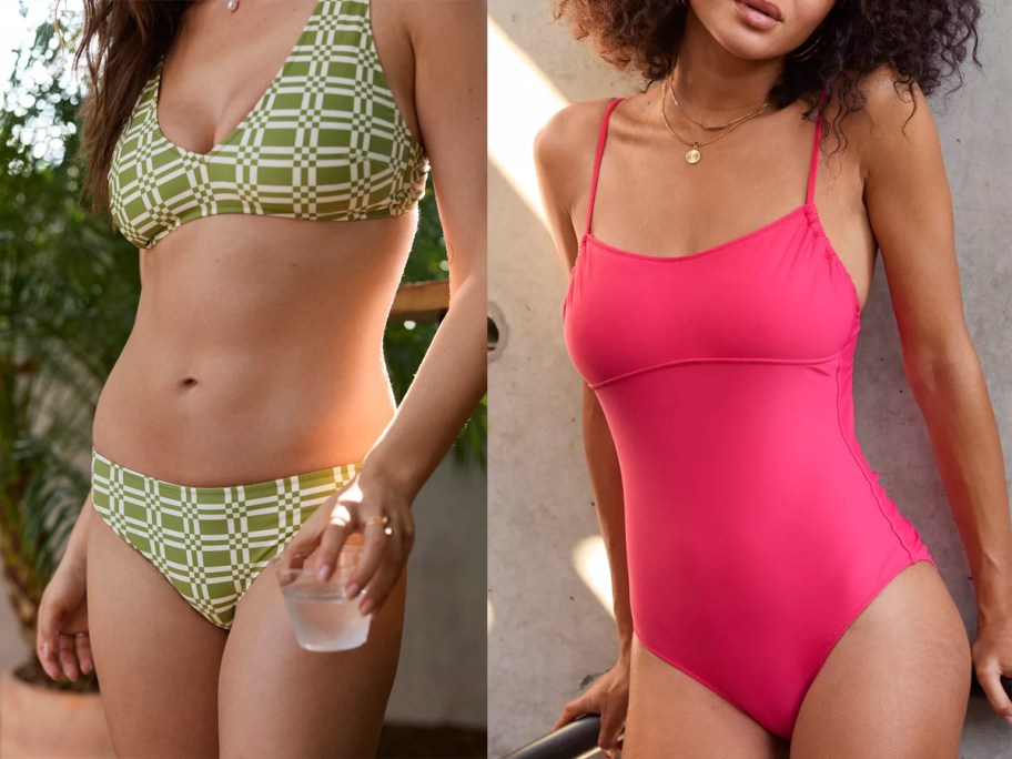 women wearing green and pink swimsuits