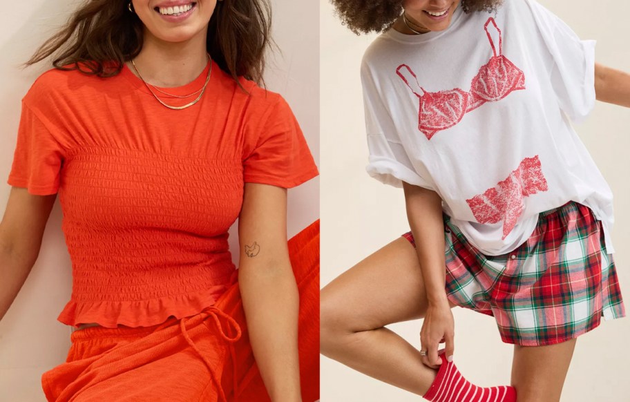 women wearing orange top and white and red pajamas 