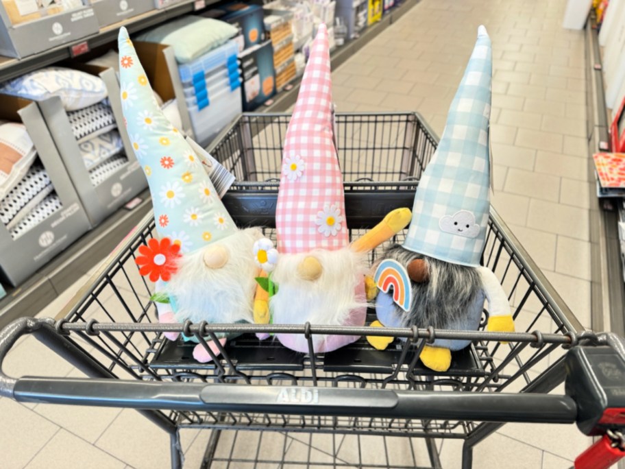 spring gnomes in an aldi cart