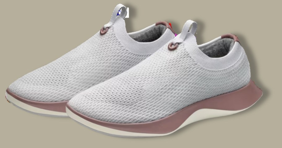 women's allbirds slip on tennis shoes in white with pink and grey accents