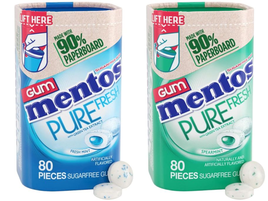Mentos Pure Fresh Sugar-Free Chewing Gum paperboard bottles in fresh mint and spearmint stock images