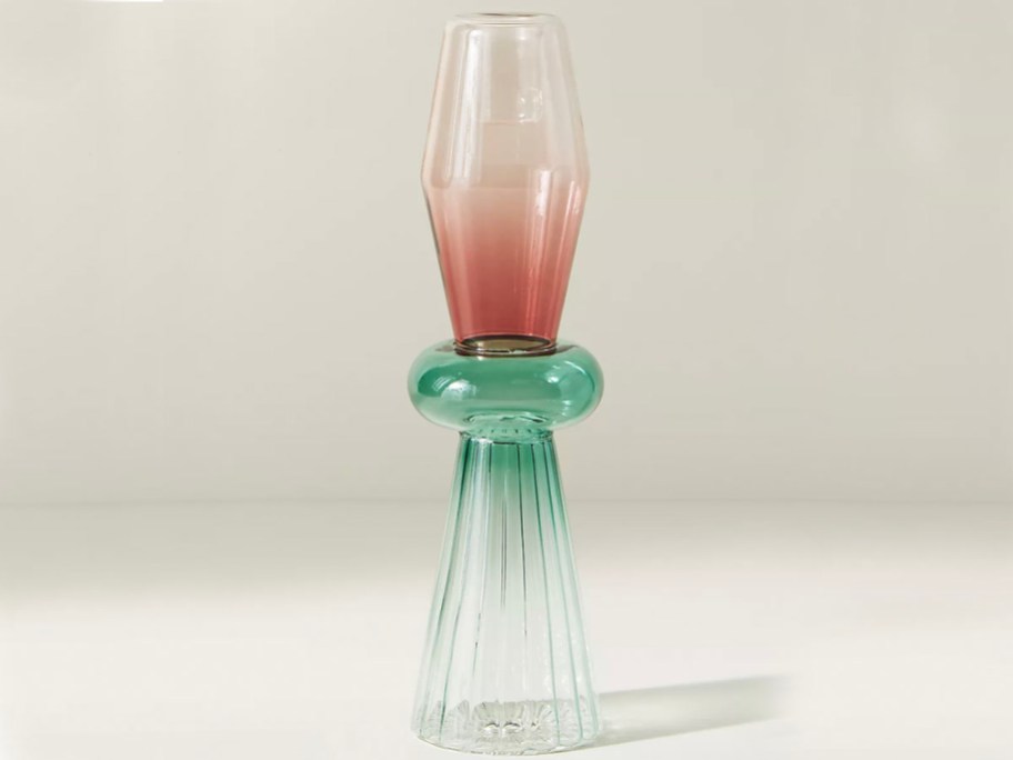 green and pink glass candle holder 