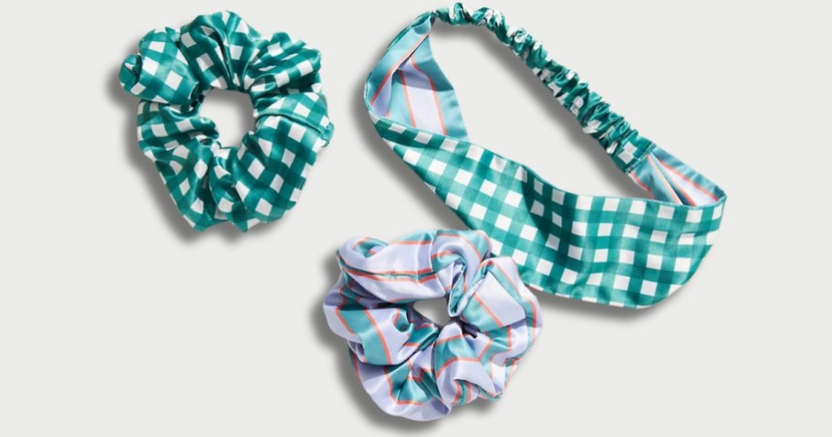 green and floral gingham headband and scrunchie set