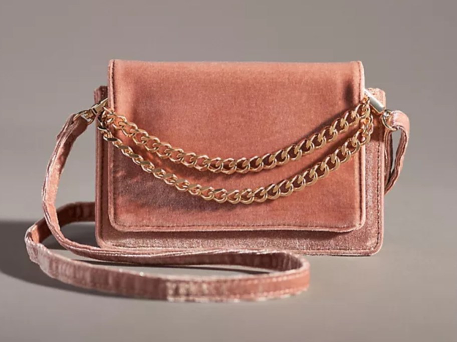 pink Velvet Crossbody Wallet with gold chain details
