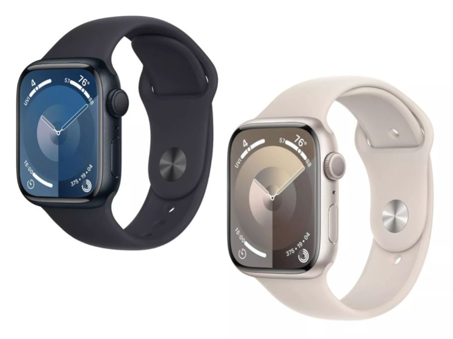 two apple series 9 watches on white background