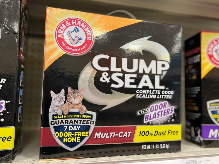 box of Arm & Hammer Clump & Seal Slide Platinum Cat Litter on store shelf