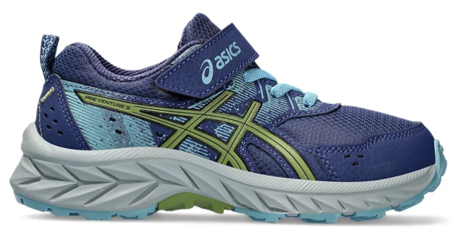 blue and green kid's Asics shoe