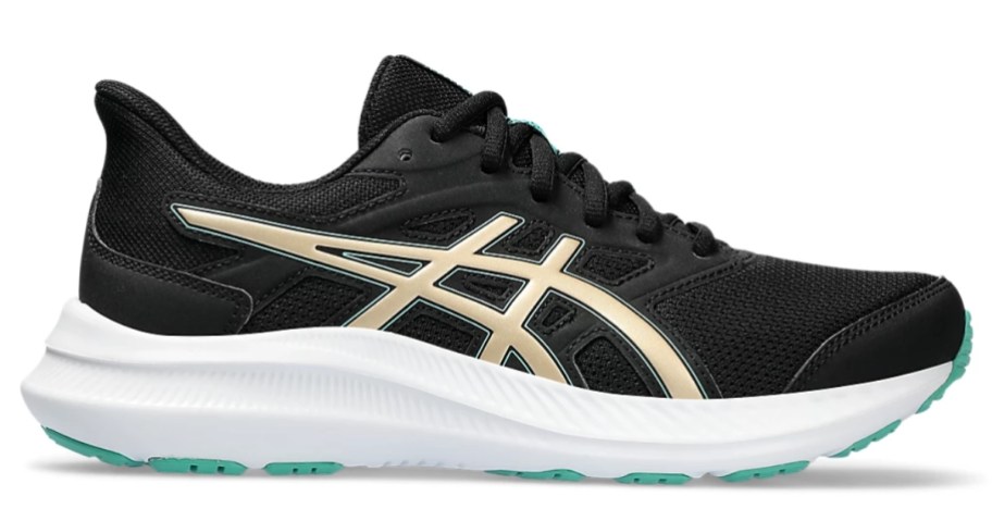black, white, gold and teal women's Asics shoe