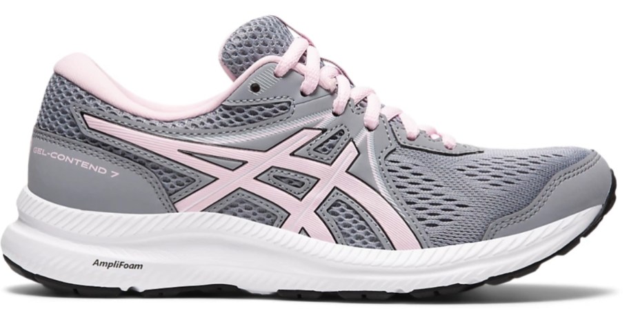 grey, white and pink women's Asics shoe