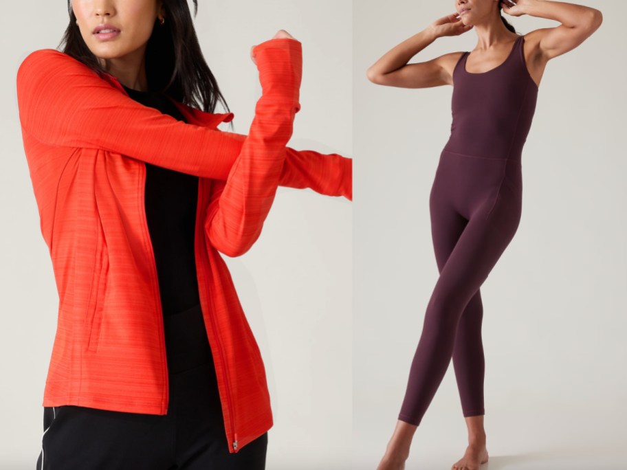 red womens jacket and maroon bodysuit
