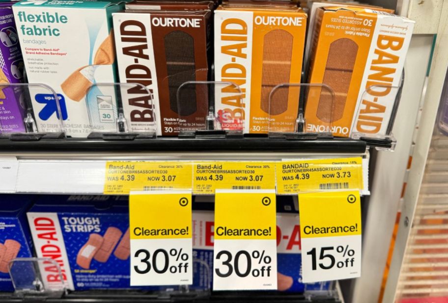 Band-Aid brand bandage boxes on a store shelf