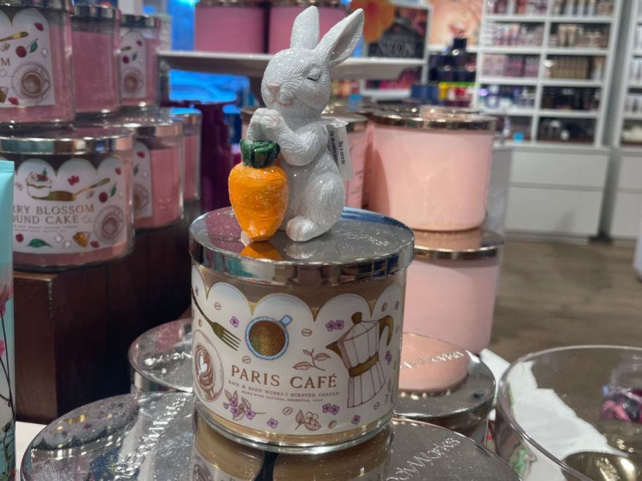 paris cafe candle with bunny on top