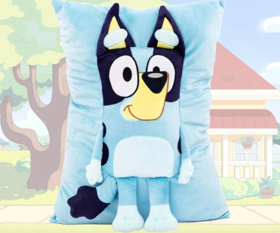 3D bluey pillow in front of house