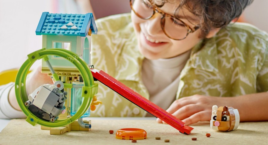 boy playing with the new hamster wheel LEGO set