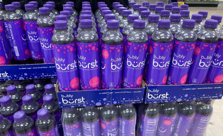 bottles of bubly sparkling water on shelf at store
