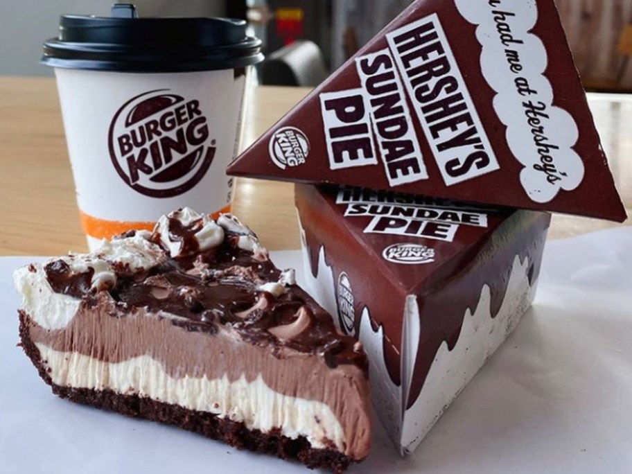 burger king hershey sunday pie slice next to two boxes and coffee