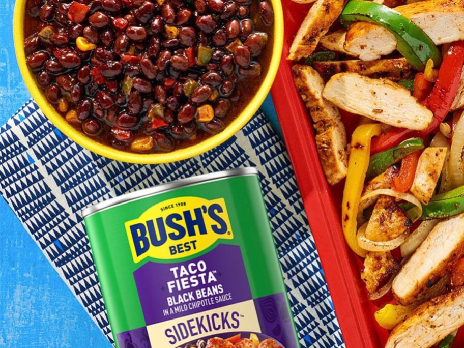 bush's sidekicks beans can in front of bowl of beans
