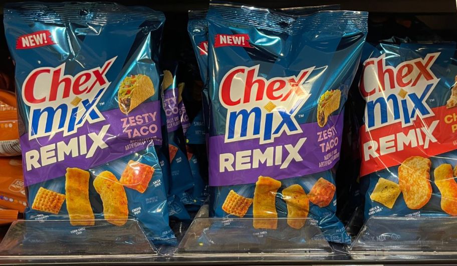 bags of chex mix on a store shelf
