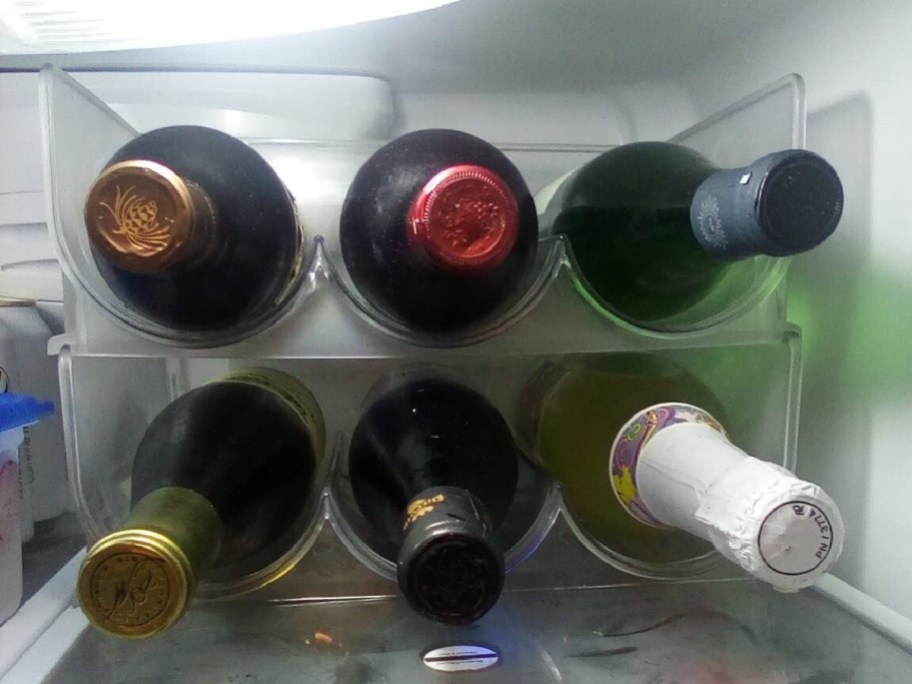 clear water bottle holder with wine inside of them inside of the fridge
