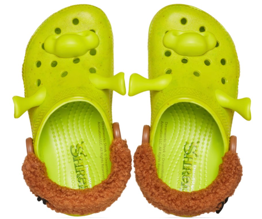 crocs that look like shrek with fuzzy brown band