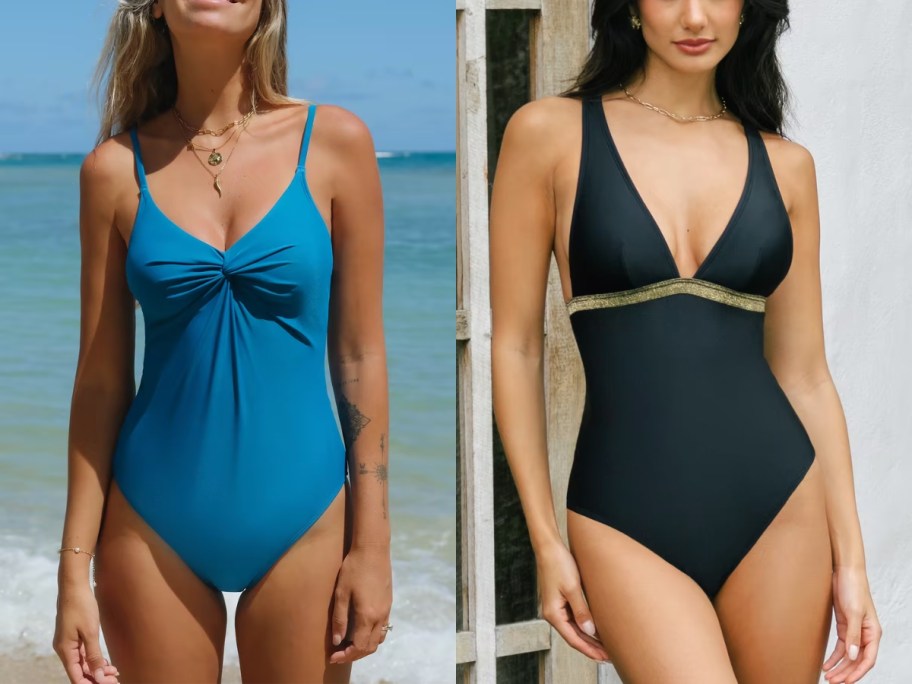 women wearing one piece swimsuits, 1 in blue, 1 in black with metallic trim