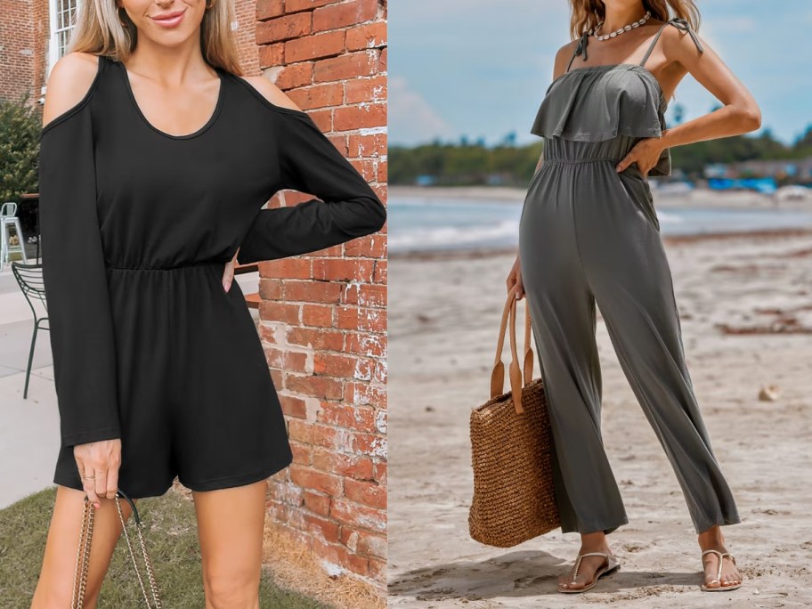 women wearing rompers, 1 black with short sleeves and shorts, 1 grey sleeveless with with pants