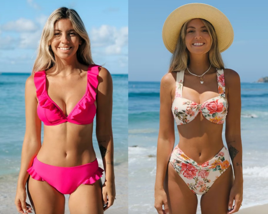 women in pink and floral two pice swimsuits