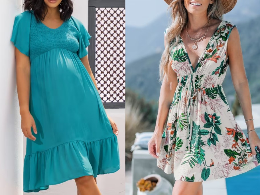 women wearing flowy dresses, 1 in turquoise and 1 in a tropical print