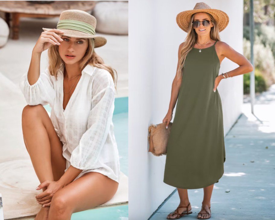 women in cover up and green maxi dress