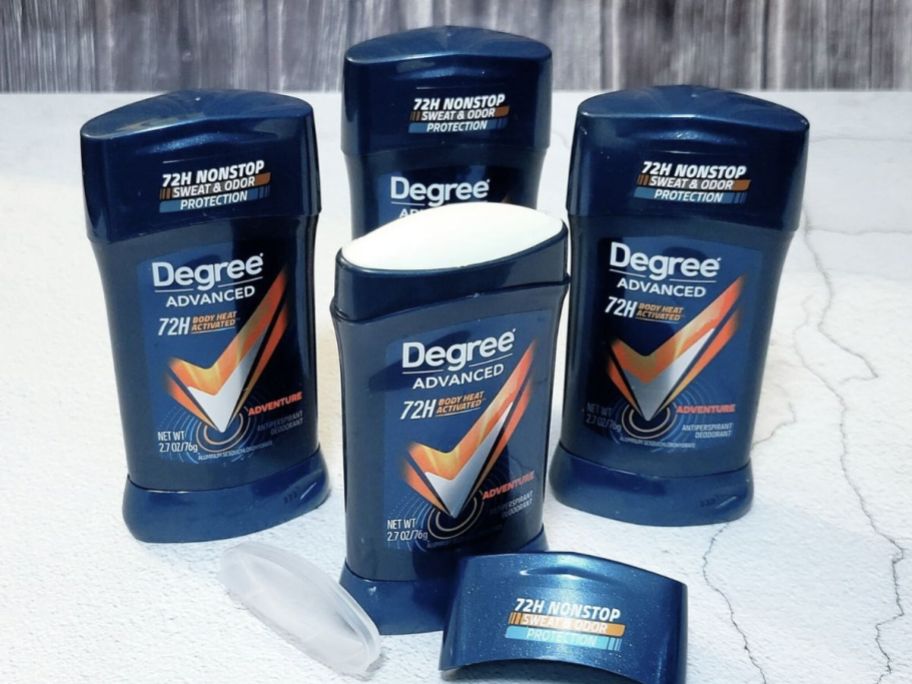 4 pack of degree men deodorant on table